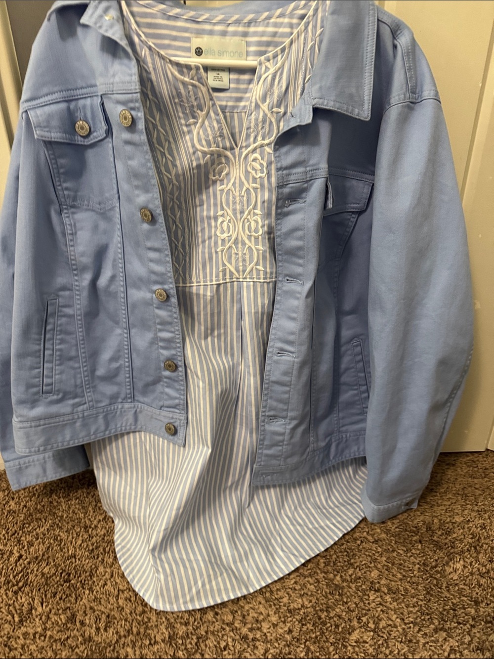 Talbots Light Blue Jean Jacket with Matching Blue and White Ella Simone Blouse.